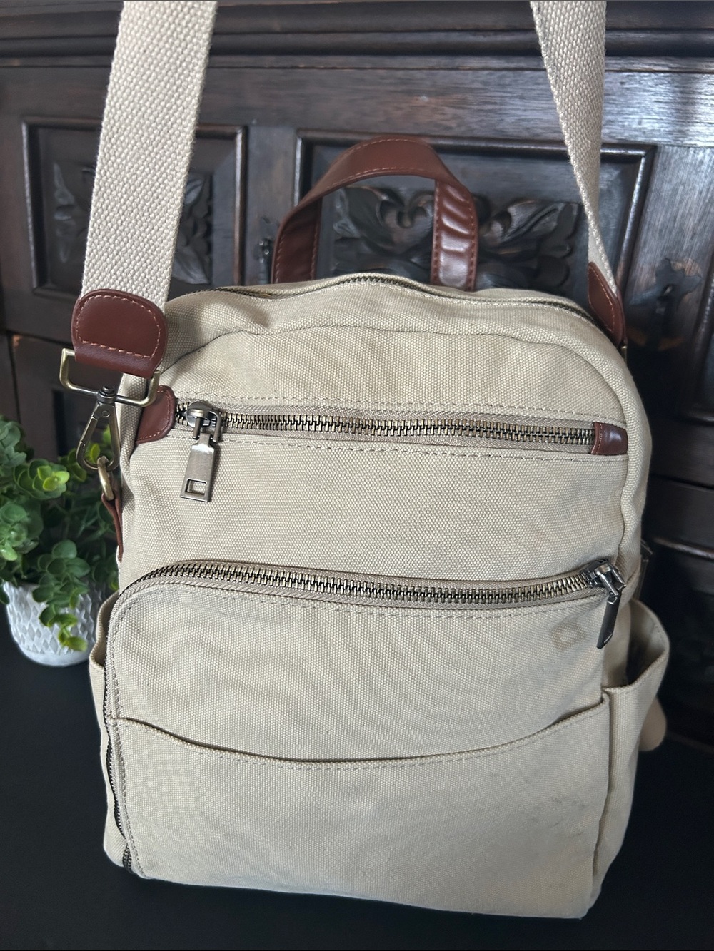 Antik Kraft Beige Canvas Backpack with Brown Leather Accents